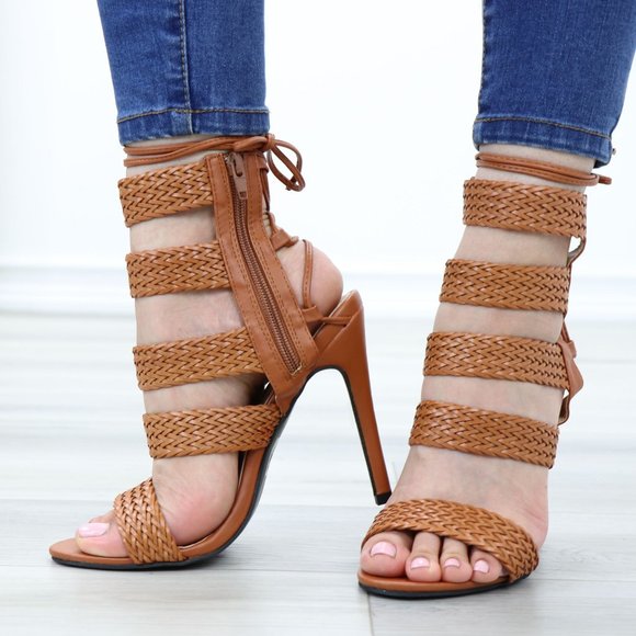 Glam Gladiator Style Strappy Brown High Heel Stiletto Sandals - Picture 10 of 12